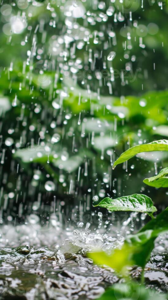 Rain falling on green leaves photo