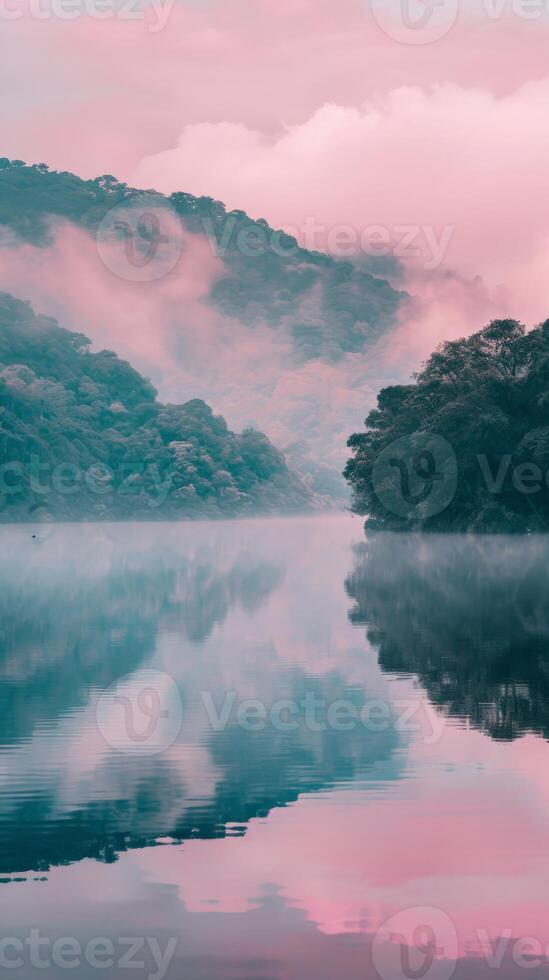 Peaceful lake surrounded by fog-covered mountains at dawn photo