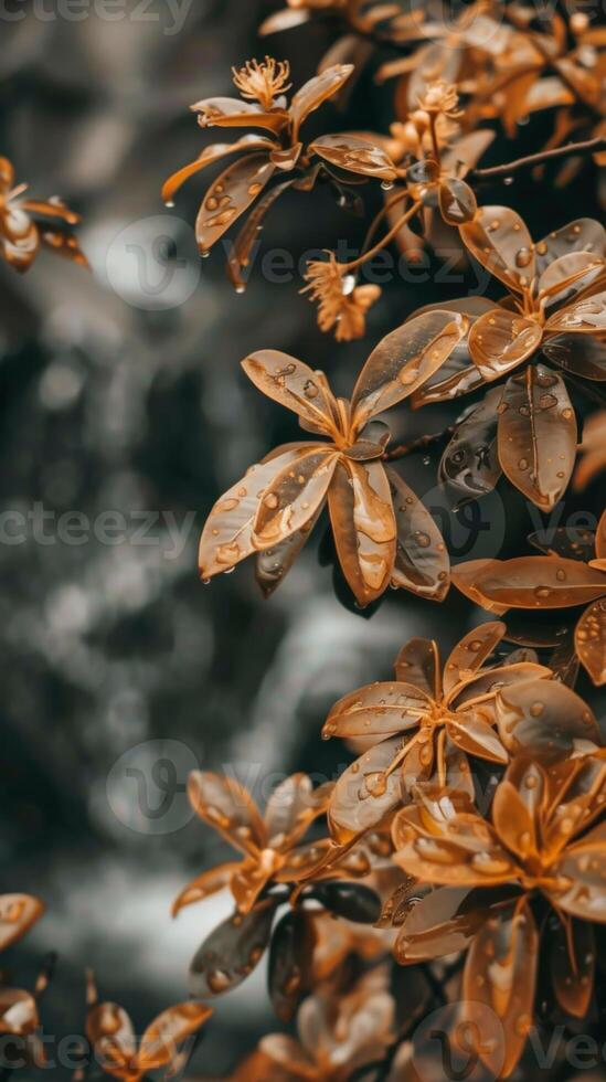 Close-up view of golden leaves with raindrops photo