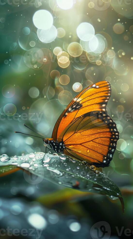 A butterfly with golden wings sits on a leaf covered in dewdrops photo