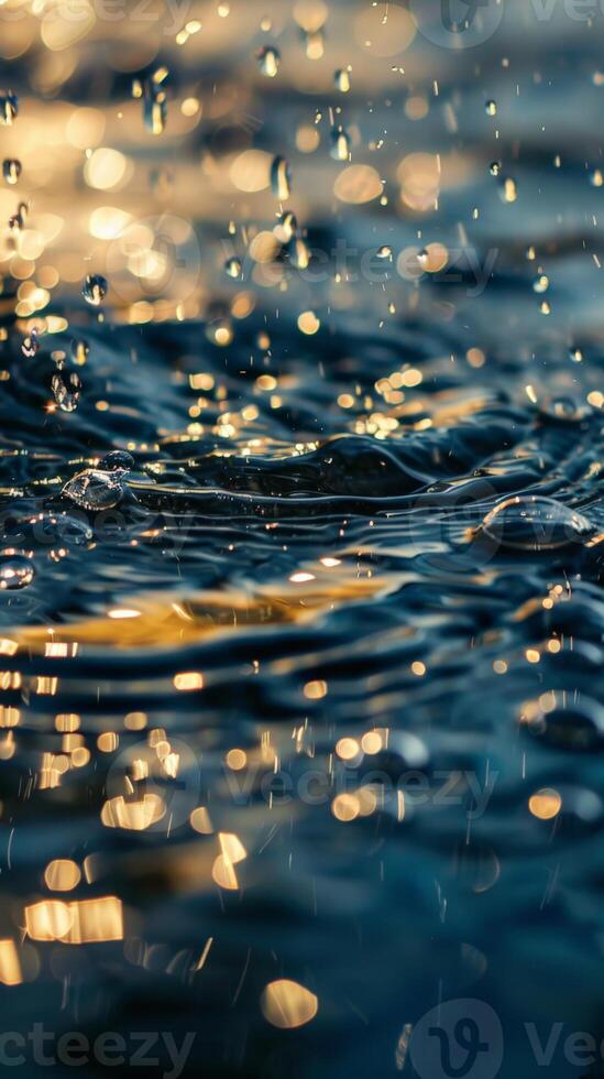 Water droplets fall onto the surface, creating shimmering reflections photo