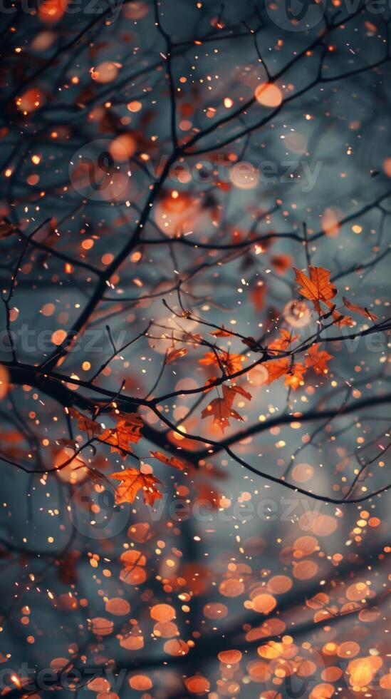 Falling leaves and bokeh lights in the woods photo
