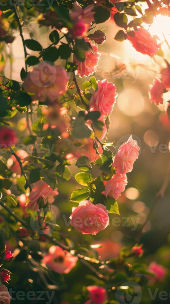 Pink roses bloom in the warm light of a setting sun photo