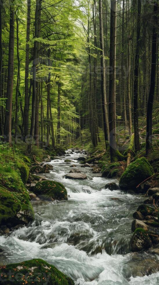 A river flows through a thick forest photo