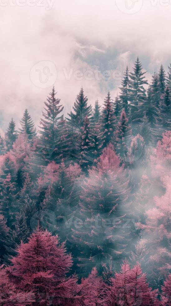 Pink trees emerge from a misty forest photo
