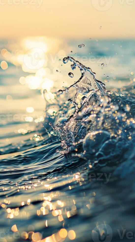Close-up of a wave splashing in the ocean at sunset photo