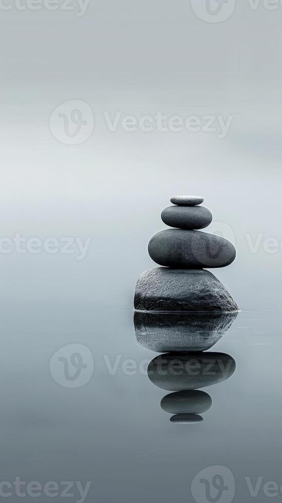 Balanced stones on a lake, creating a serene reflection photo