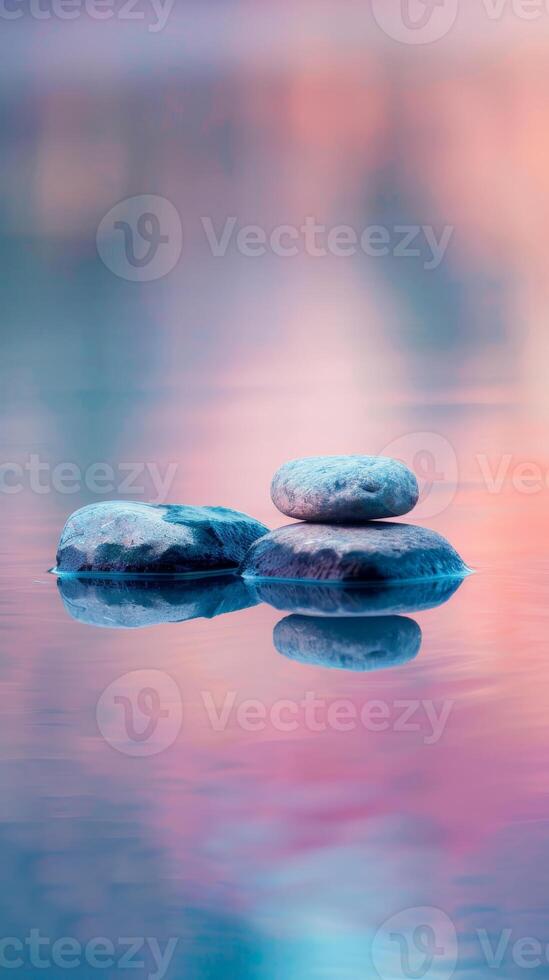 Three stones balanced on a still lake reflecting the vibrant colors of a setting sun photo