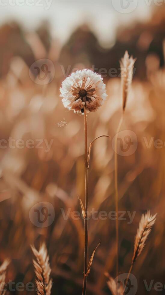 A single dandelion stands out against a backdrop of warm brown wheat photo