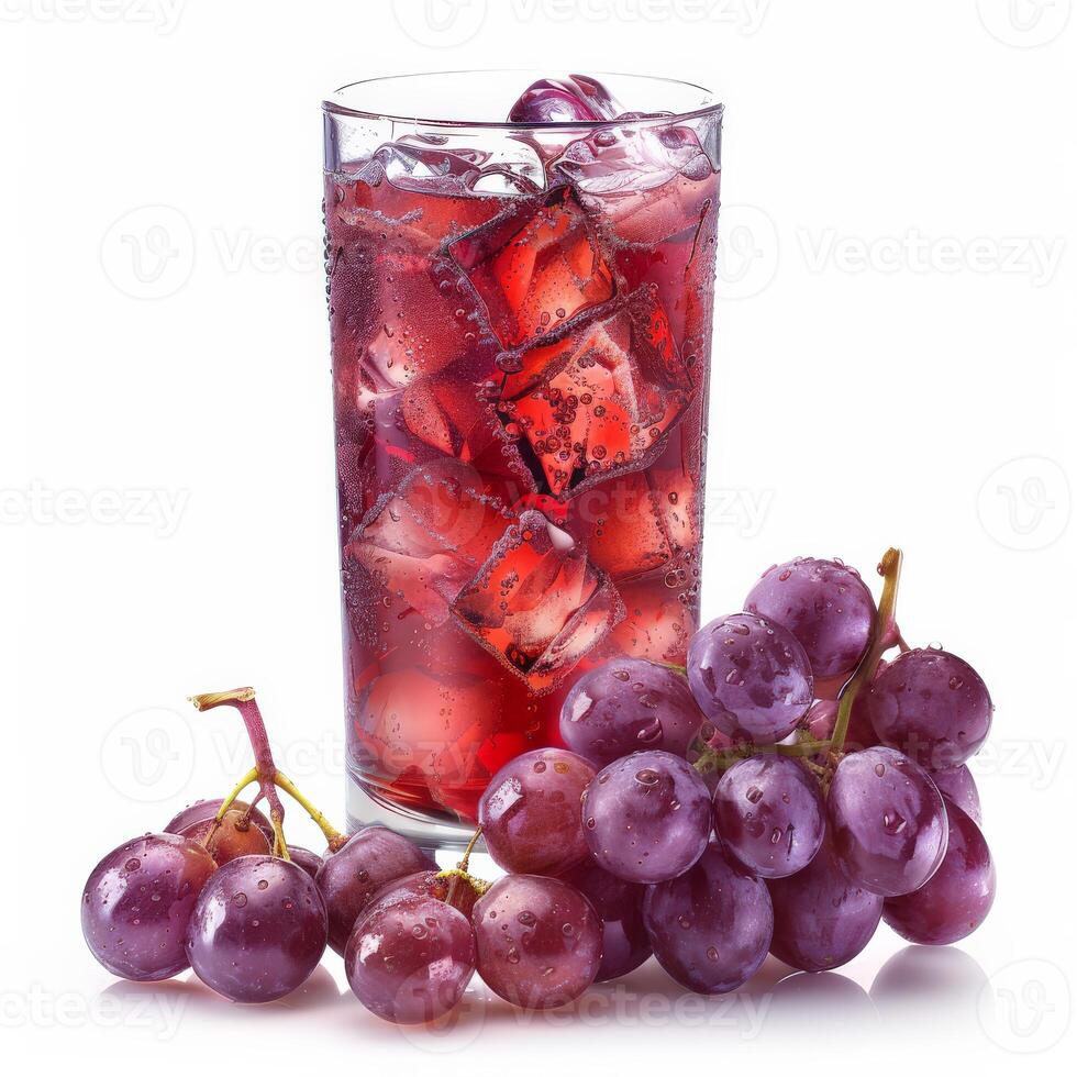 Grape juice with ice and grapes on white background photo