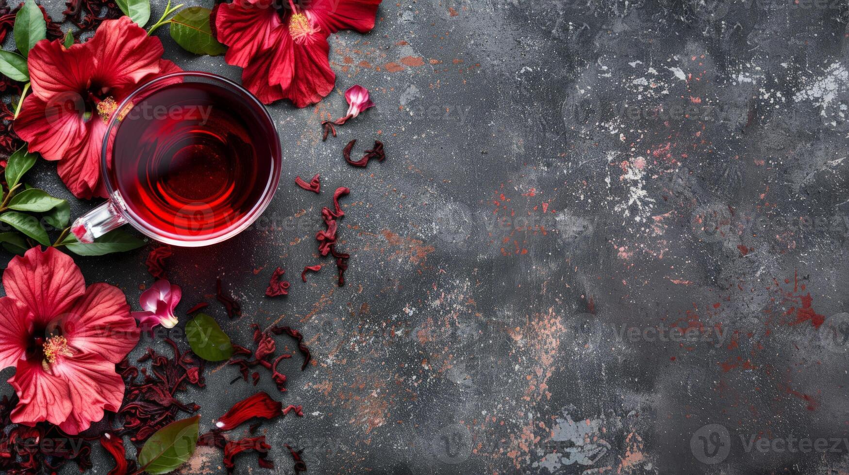 Hibiscus tea sits with flowers on rustic background photo