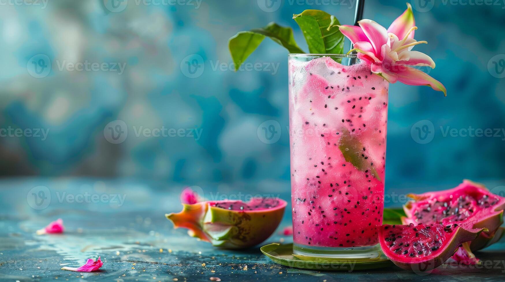 A glass of dragonfruit juice with ice, mint, and a pink flower photo