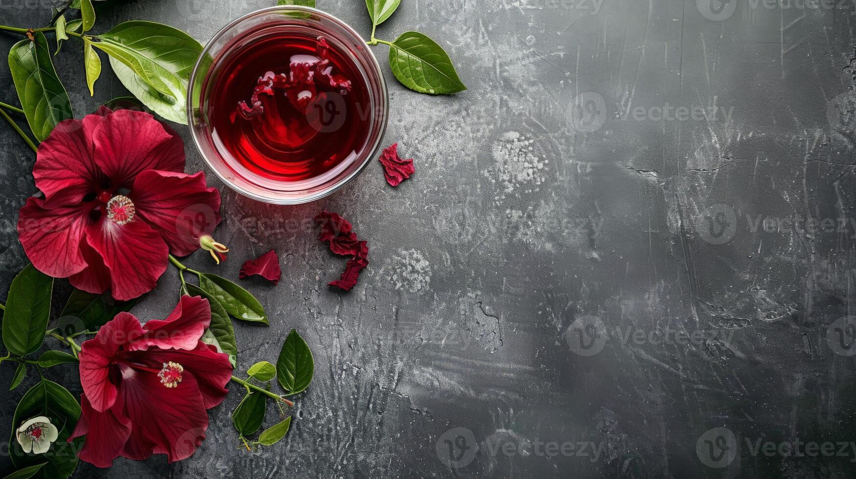 Hibiscus tea and flowers on gray background photo
