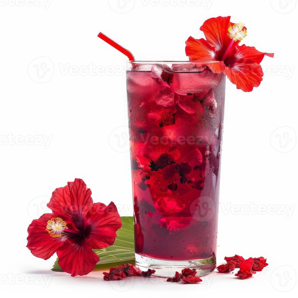 A tall glass of iced hibiscus tea with a red hibiscus flower garnish photo