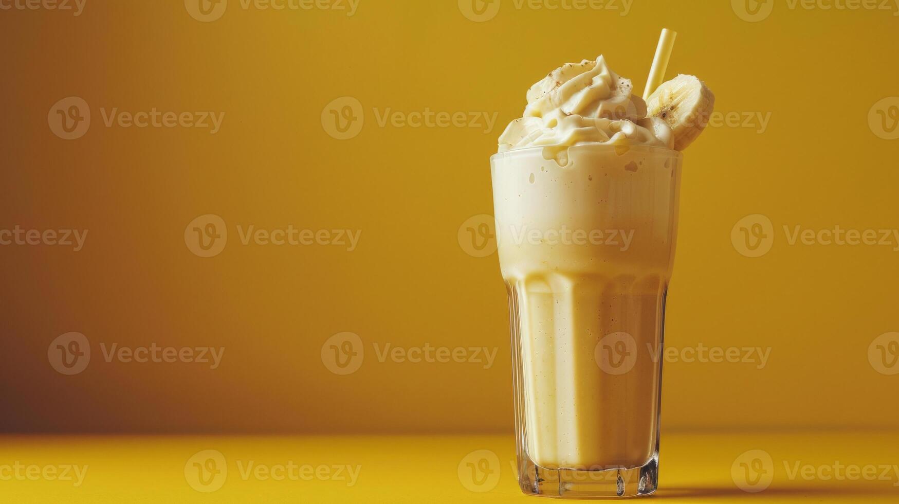 A refreshing banana smoothie with whipped cream and a banana slice garnish photo