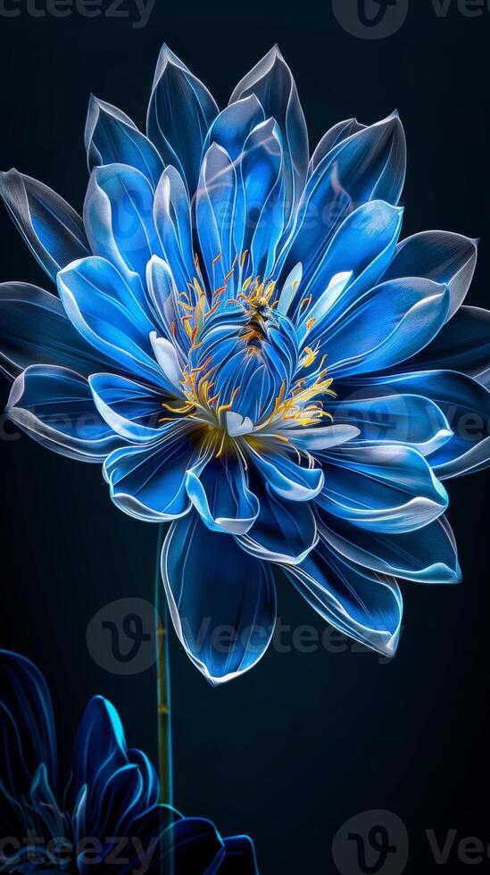 A single blue flower with a yellow center glows against a dark background photo