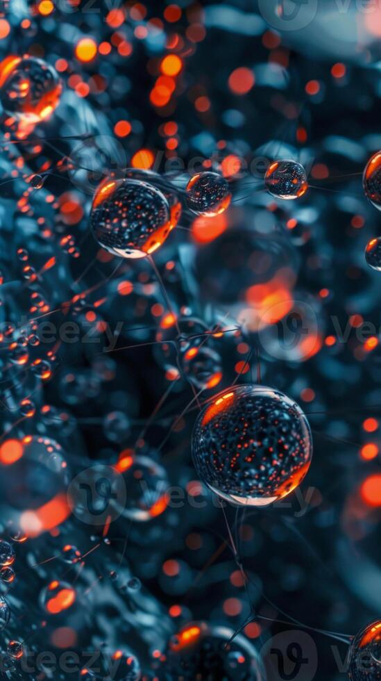 Close-up of sparkling dewdrops on a spiderweb, illuminated with vibrant orange light photo