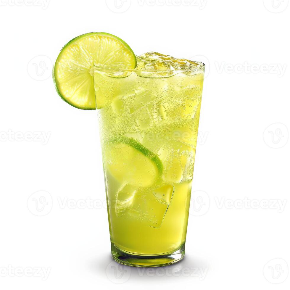 A tall glass filled with limeade and ice, garnished with a lime wedge photo