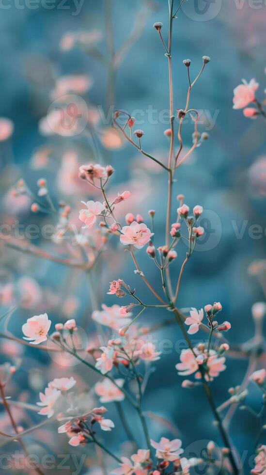 A close-up of pink blossoms blooming on a branch against a soft, teal backdrop photo