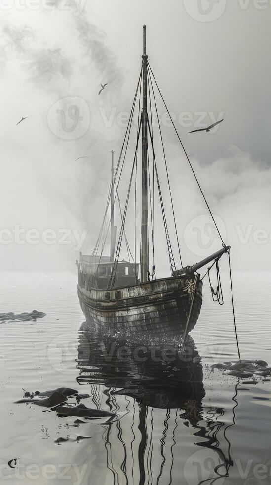 A sailboat anchored in the calm waters of a foggy sea photo