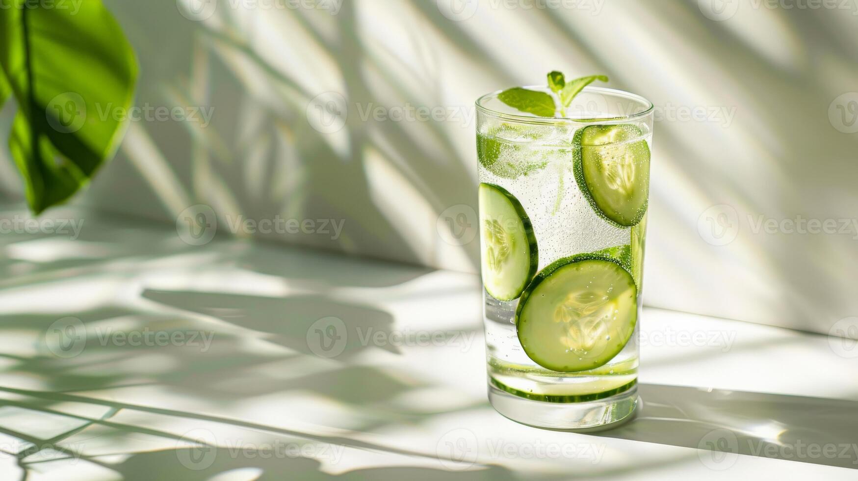 Cucumber water infused with mint, in a glass with sunlight streaming through photo