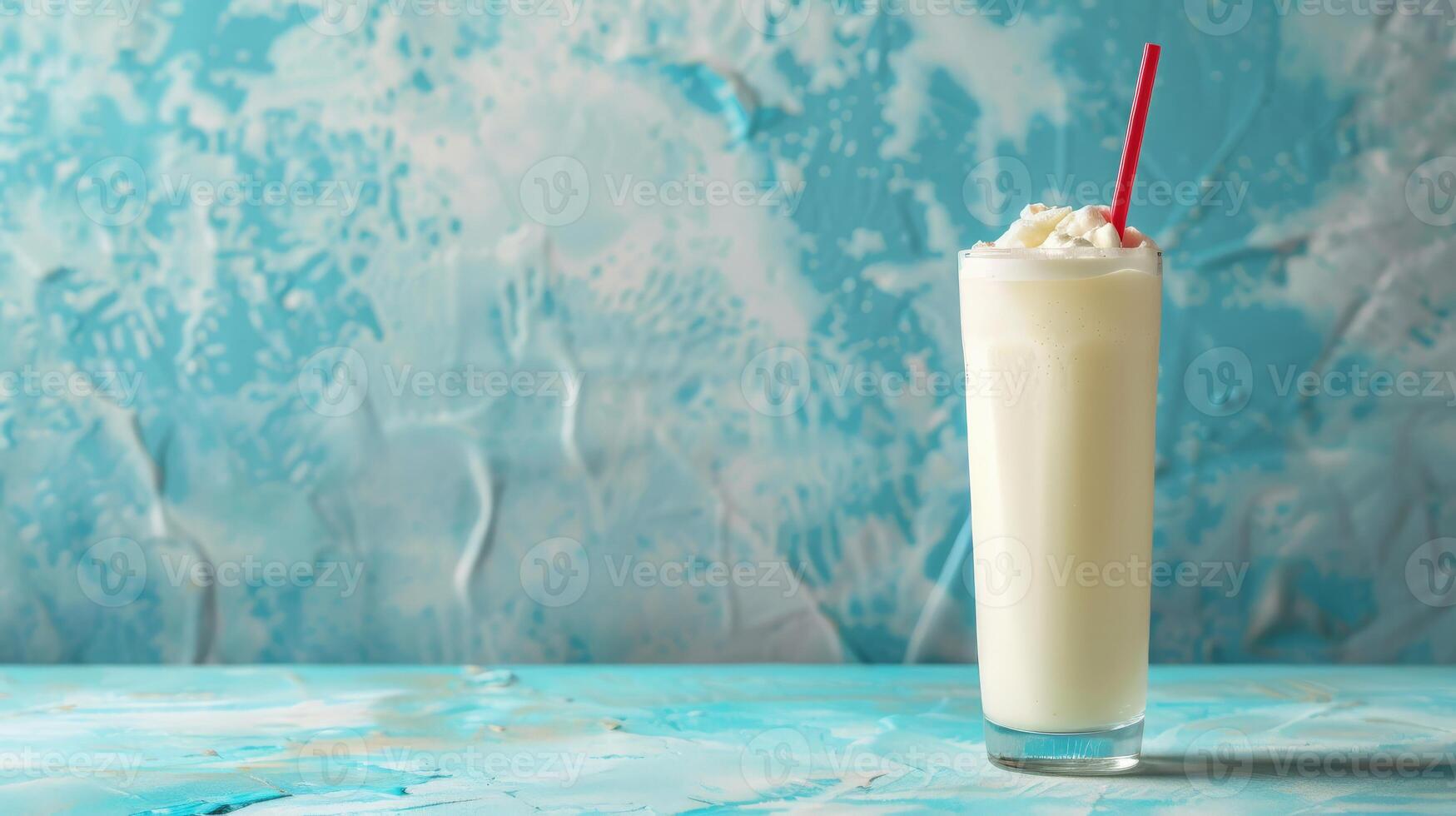 Cream soda in a glass with a red straw on a turquoise surface photo
