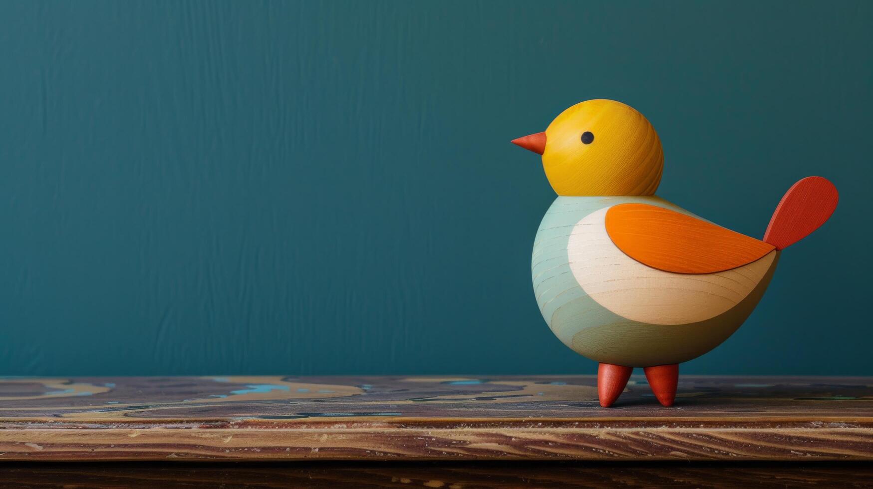 A cheerful wooden sparrow toy sits on a rustic desk photo