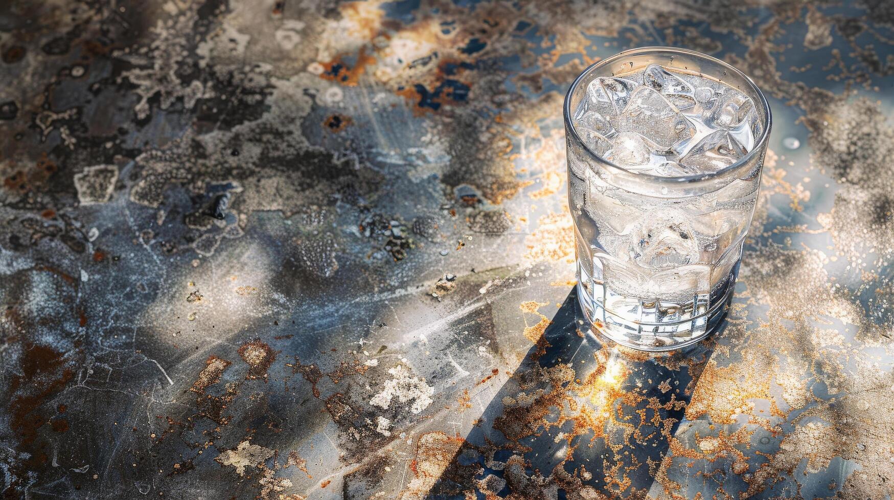 Glass of tonic water with ice on rustic table in sunlight photo