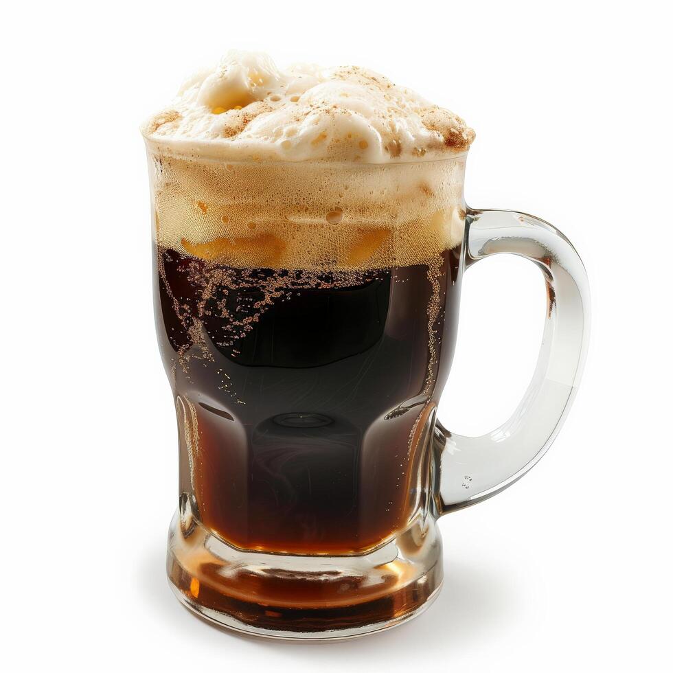 Close-up of a root beer beverage in a clear glass mug with a thick head of foam photo