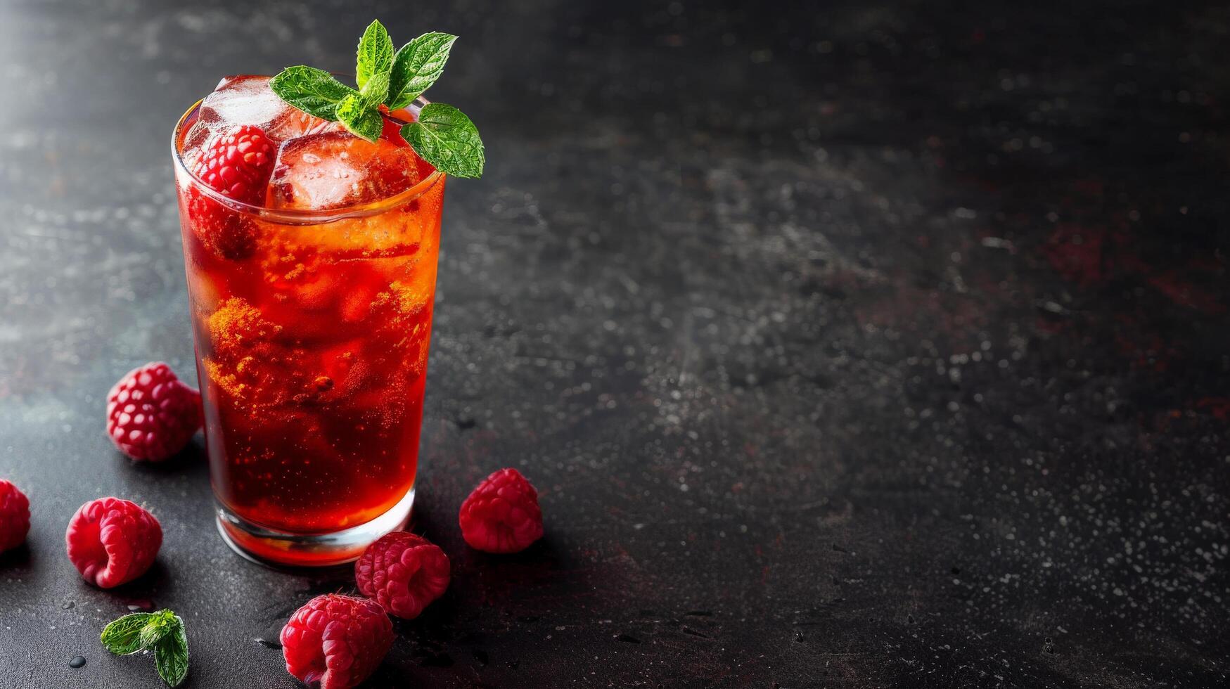 A tall glass filled with iced tea and raspberries, garnished with a sprig of mint photo