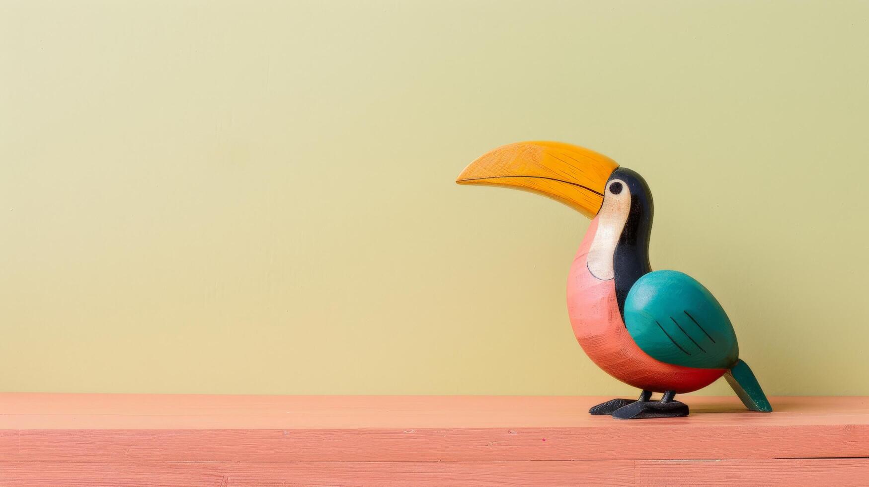 A vibrant, wooden toucan toy rests on a desk, ready to be played with photo