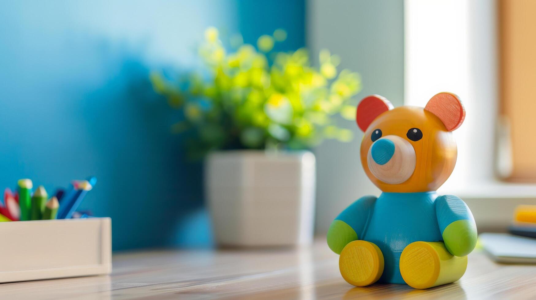 A colorful wooden bear toy sits on a desk with empty space beside it photo