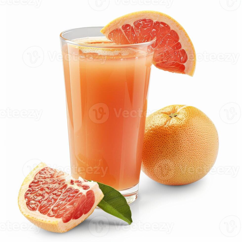 A glass of grapefruit juice with a grapefruit slice and a whole grapefruit photo