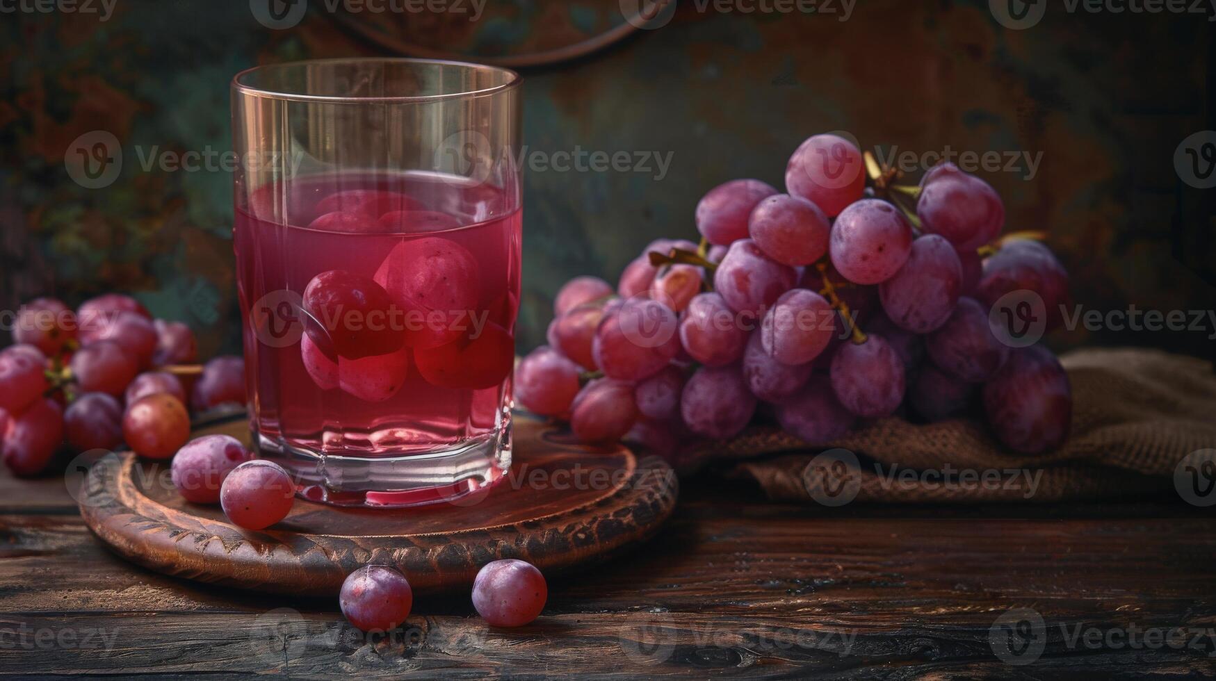 A glass of grape juice with grapes on a wooden table photo