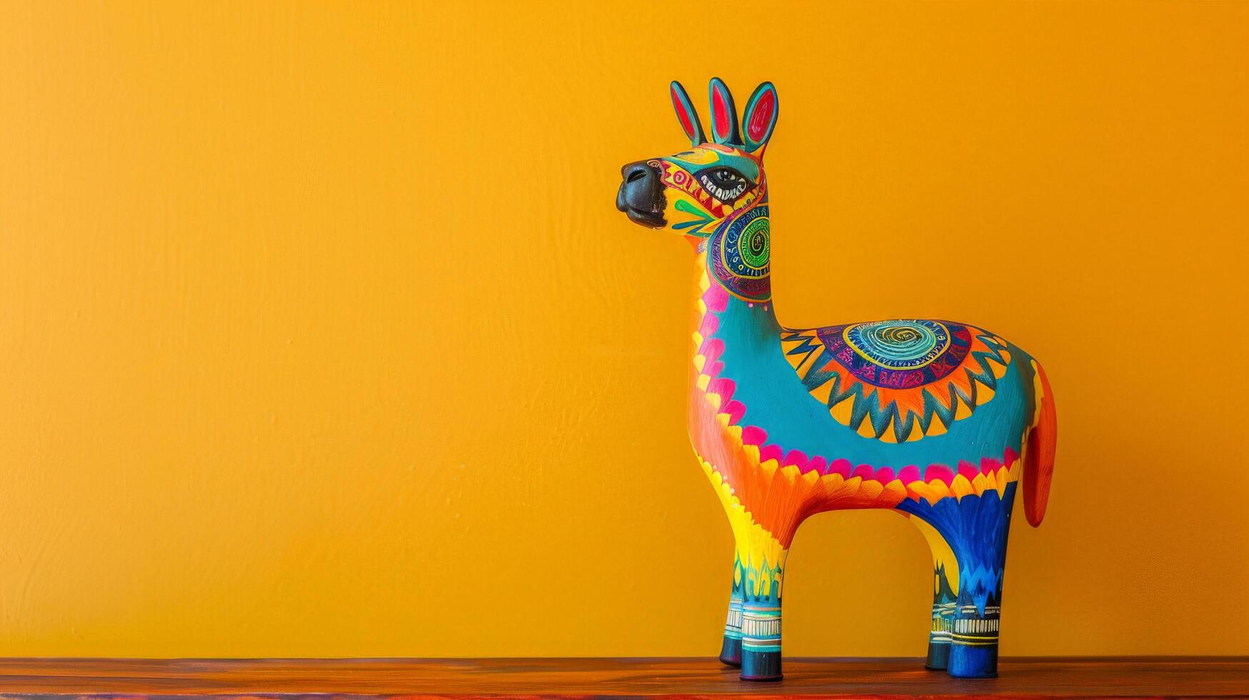 A brightly colored wooden Alpaca toy sits on a desk photo