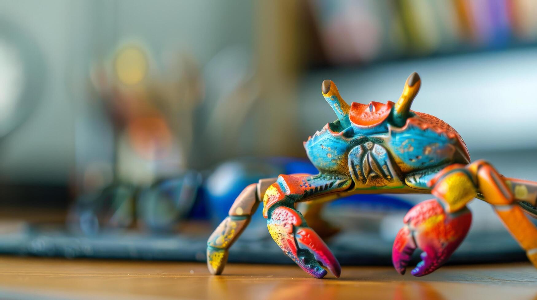 A vibrant wooden crab toy sits on a desk photo