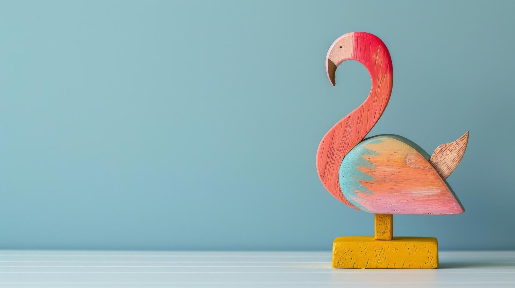 Colorful wooden flamingo on yellow stand against light blue background photo