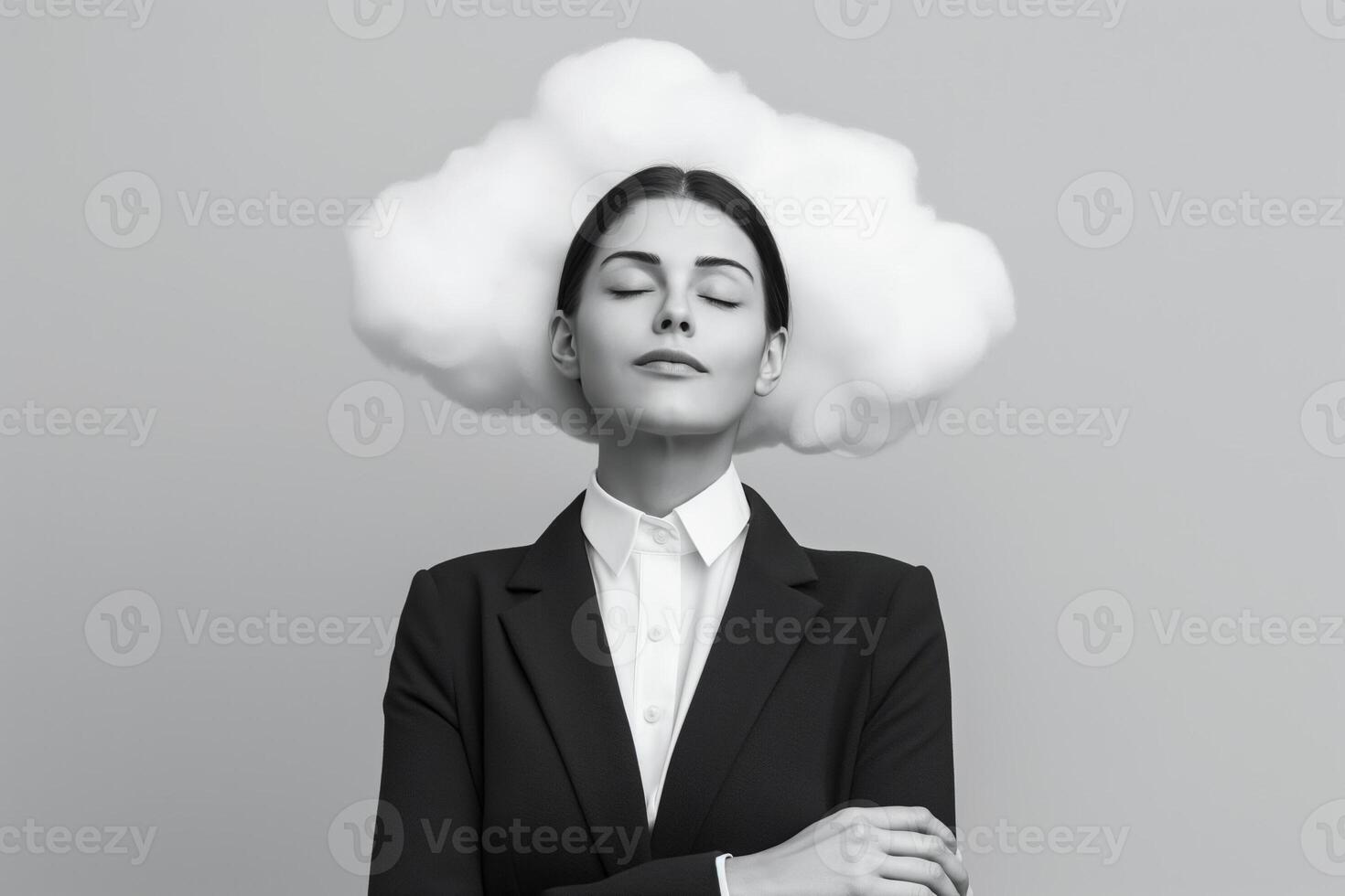 A businesswoman dreaming on a cloud bed isolated on a grayscale gradient background photo