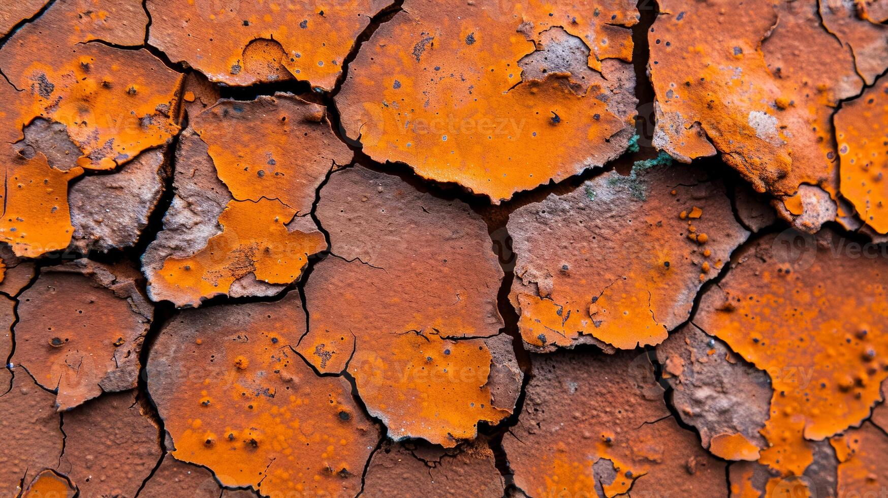 Closeup of rusty iron surface with intricate patterns of corrosion and vibrant orange brown hues photo