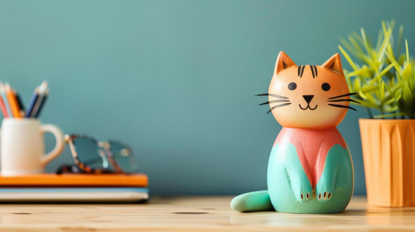 A cheerful wooden cat toy sits on a desk next to a potted plant photo