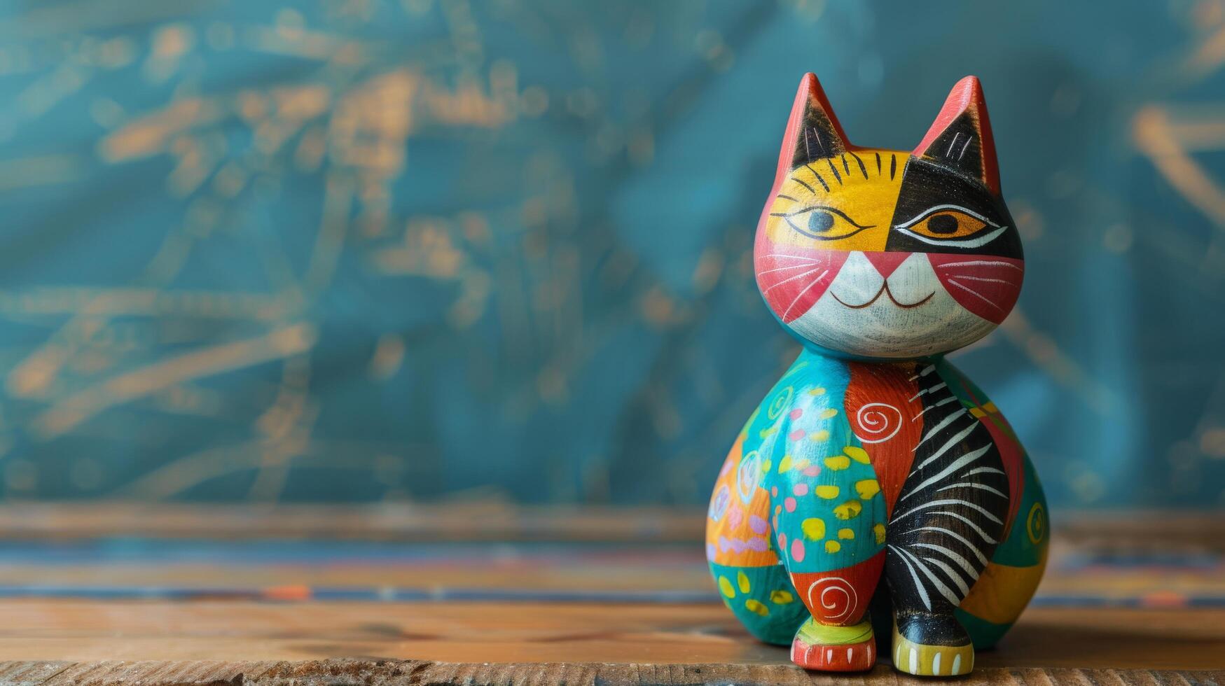 A cheerful wooden cat toy sits on a desk, ready for playtime photo