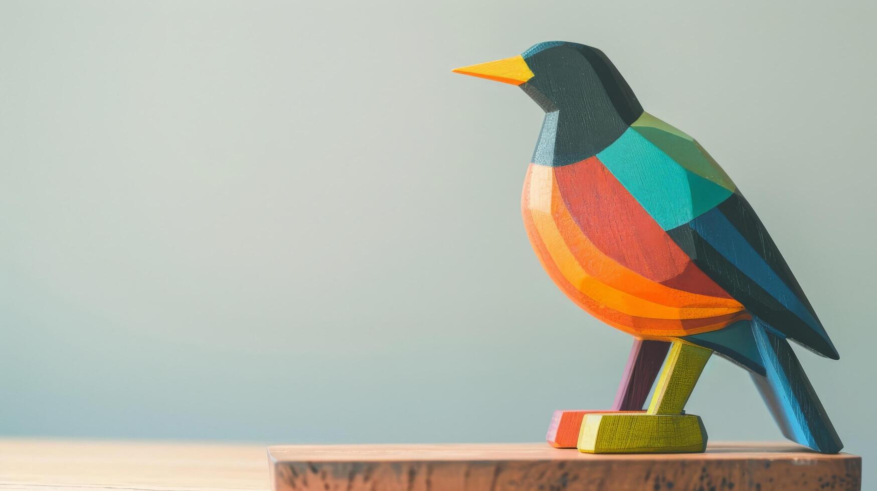 A bright, colorful wooden crow toy stands on a desk, facing to the right photo
