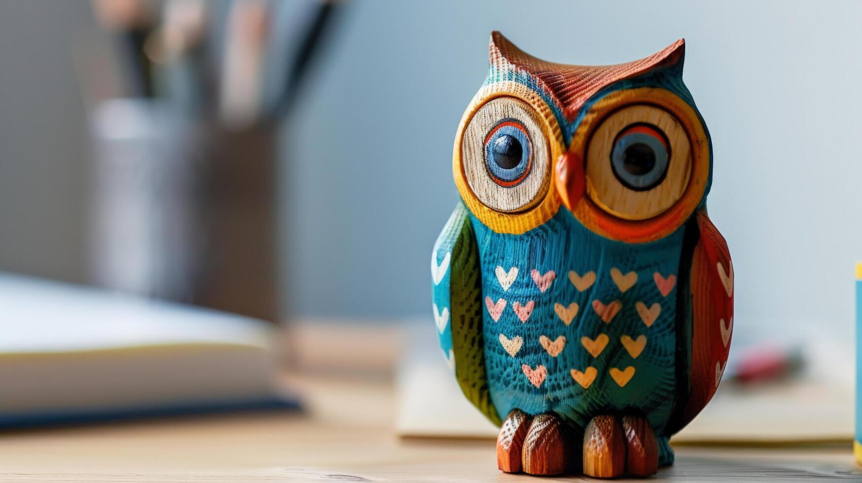 A brightly painted wooden owl toy sits on a desk, a book nearby, ready to inspire photo
