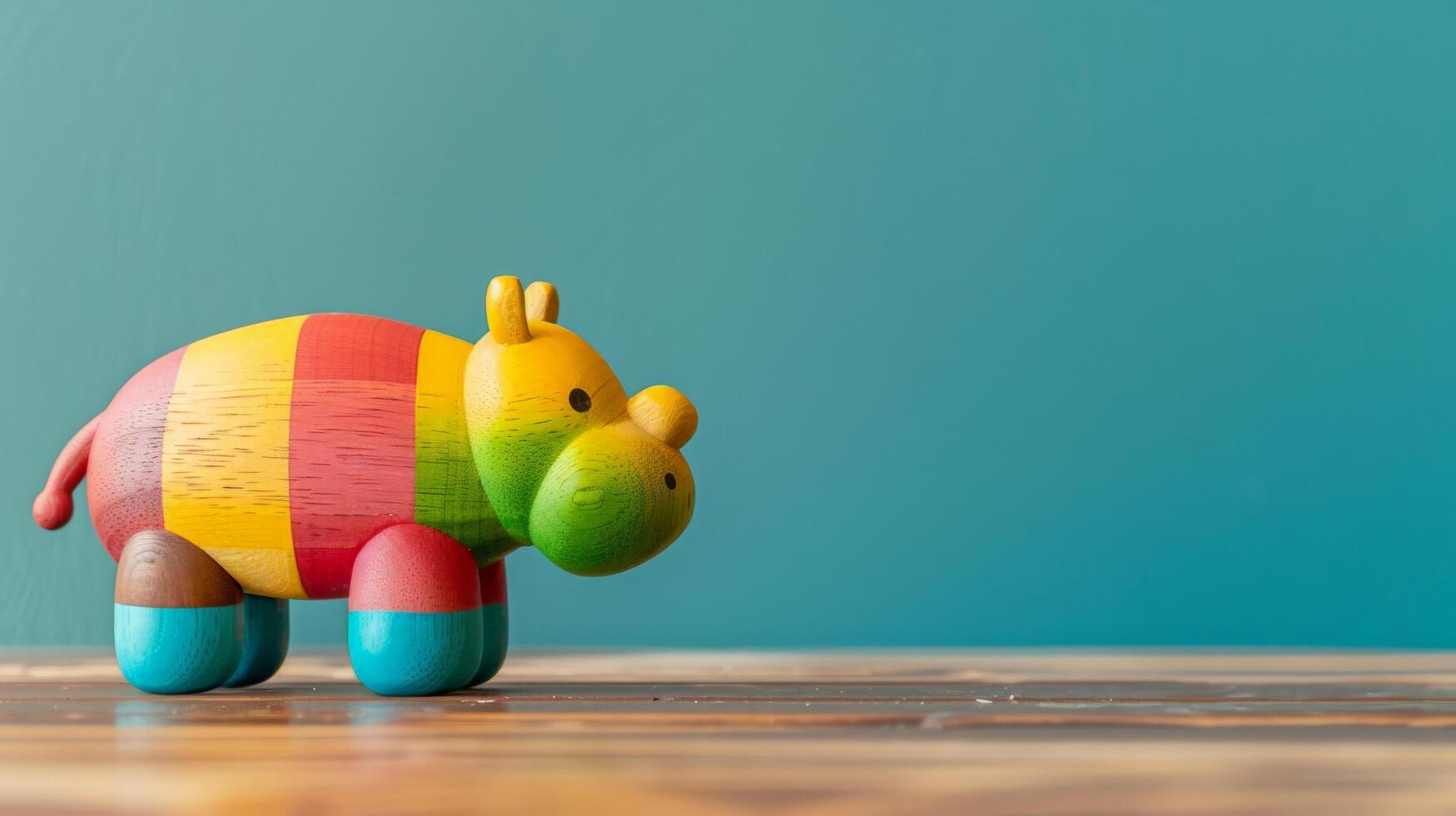 Colorful hippo toy on desk, bright against teal wall photo