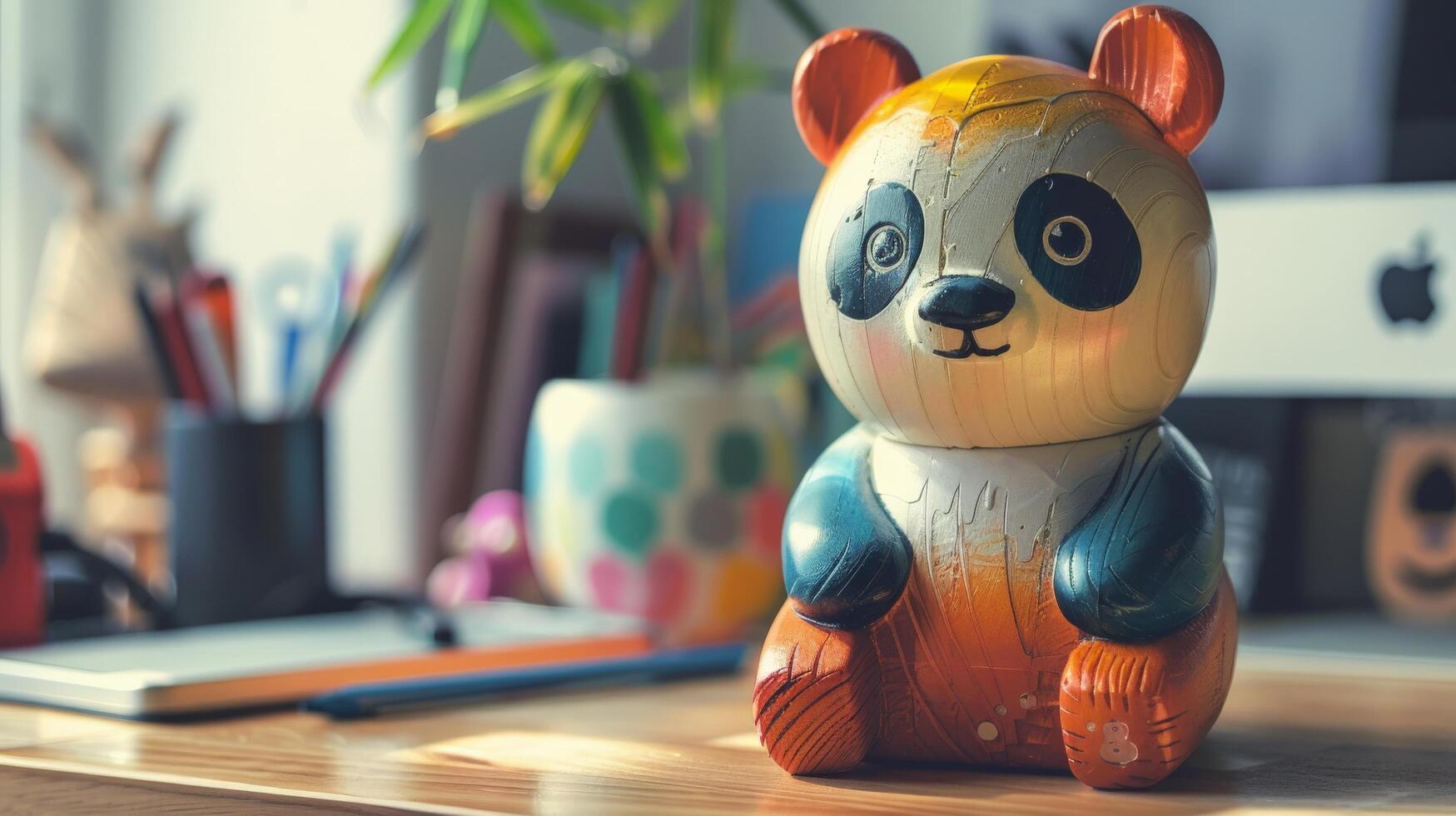 A colorful wooden panda toy sits on a desk, surrounded by office supplies photo