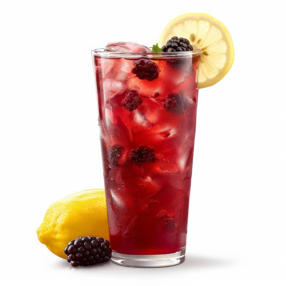 A tall glass filled with blackberry lemonade, ice, and a lemon wedge photo