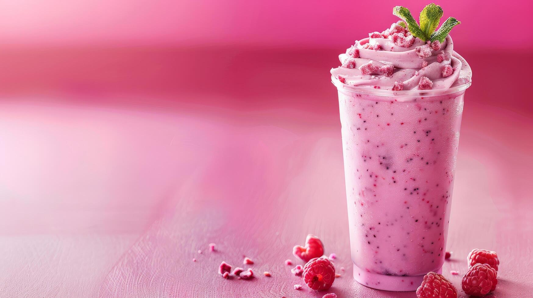 A pink berry smoothie topped with whipped cream and a mint sprig photo