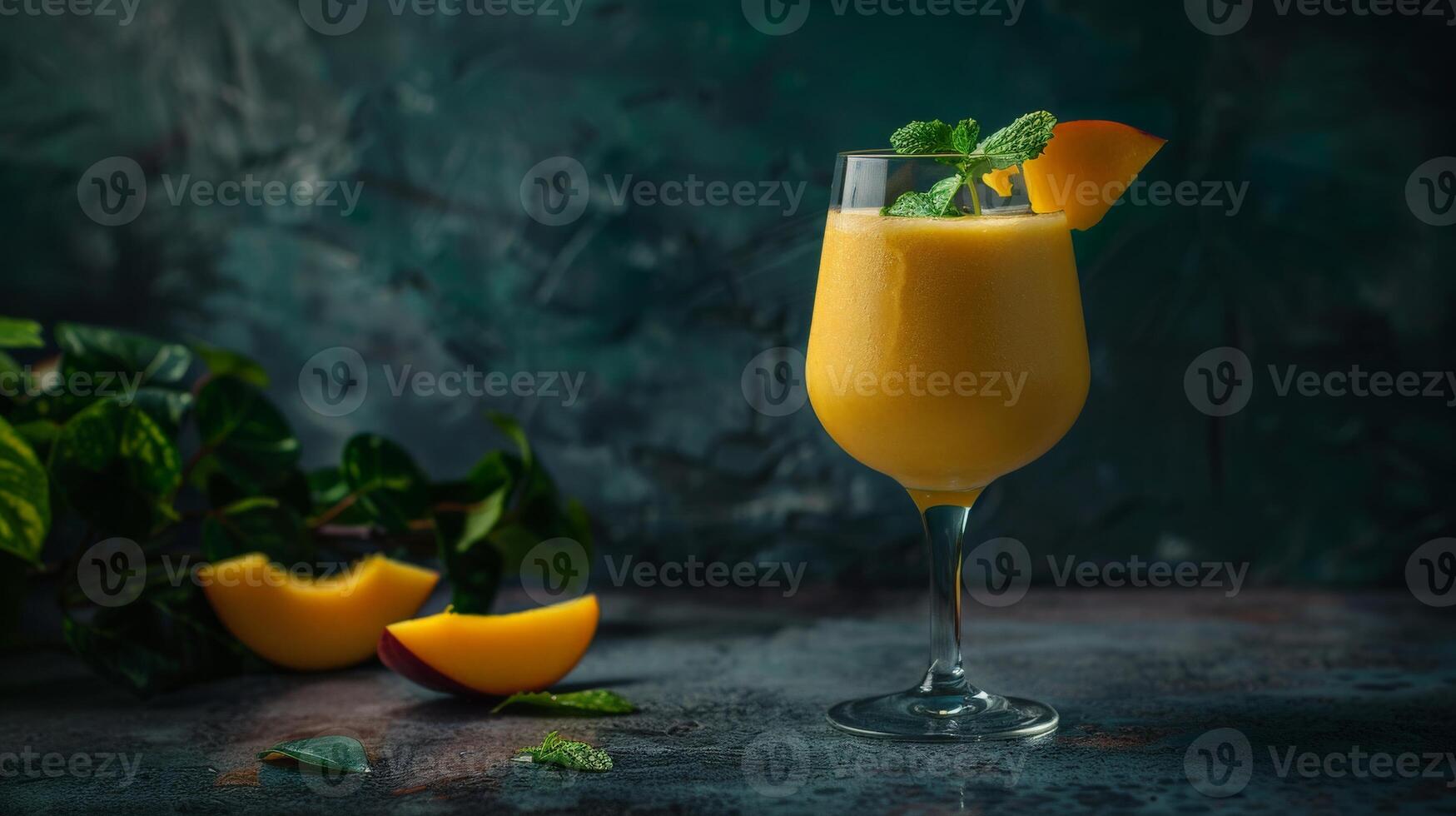 A glass of mango lassi with a mint garnish sits on a dark background photo