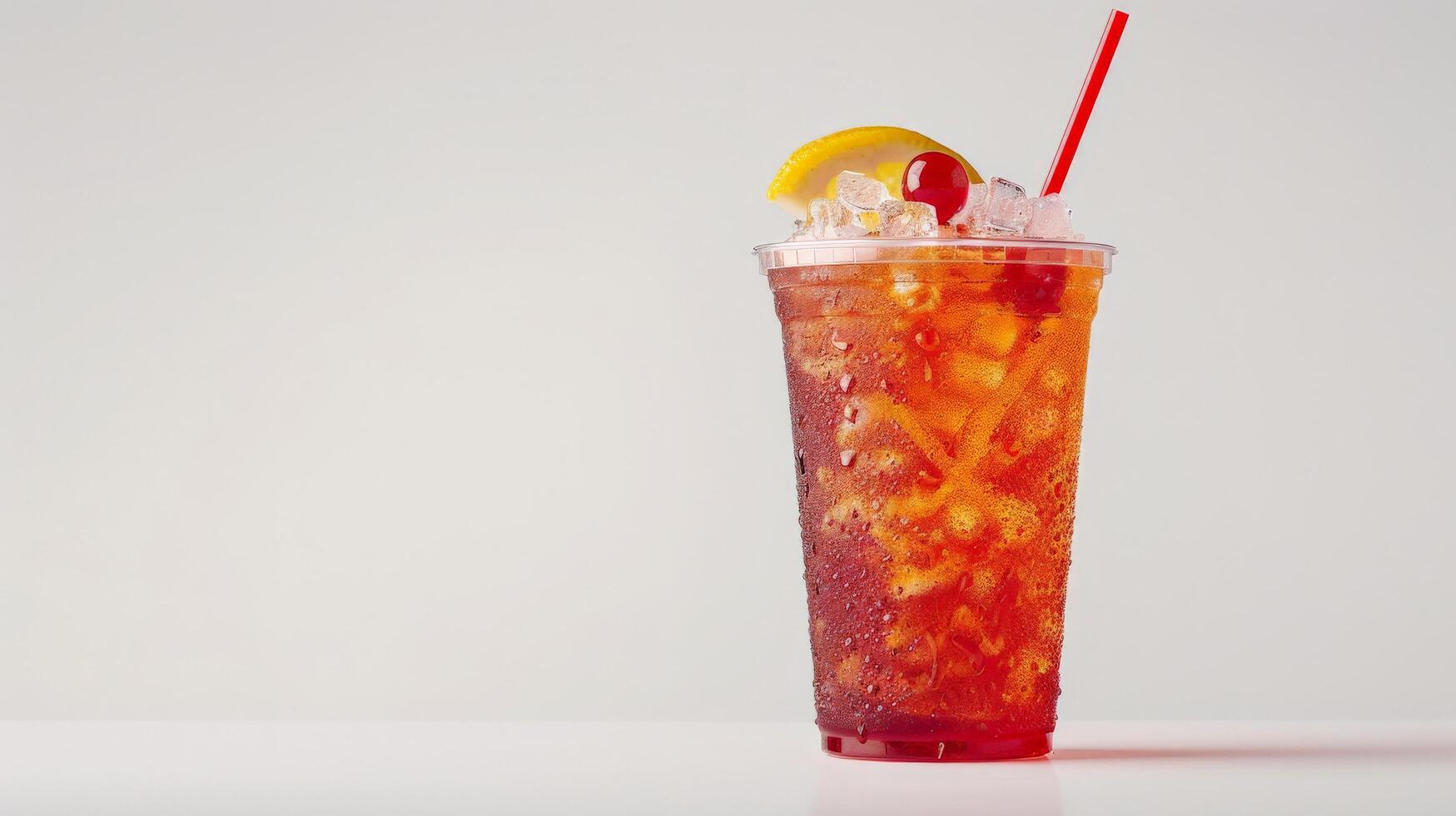 A tall glass filled with iced tea, garnished with a lemon wedge and a cherry photo