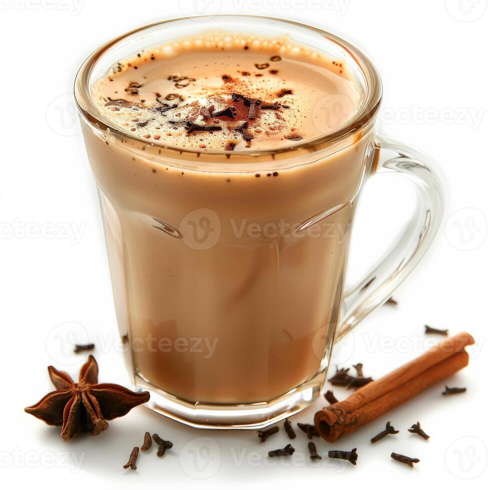 A steaming cup of masala chai with cinnamon and star anise photo